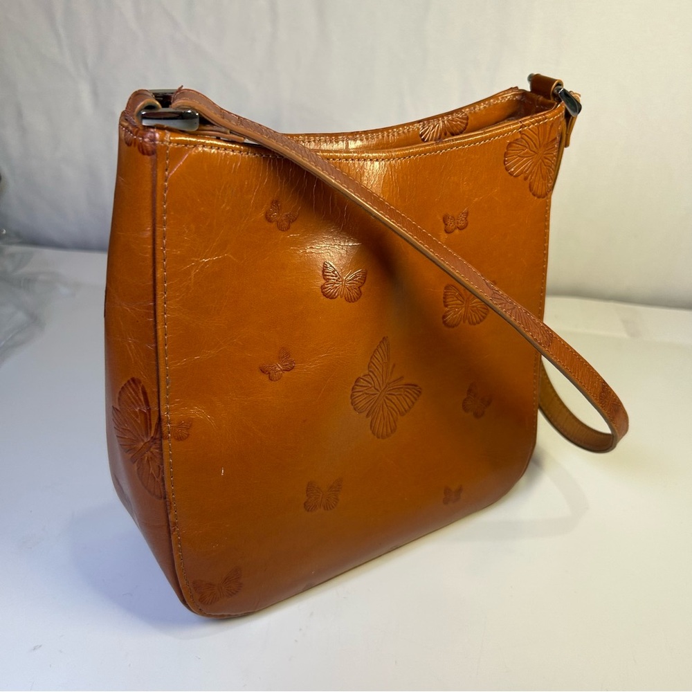 Butterfly Embossed Tan Leather Shoulder Bag/ Handbag.